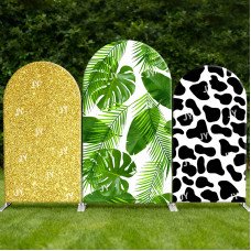JY04  Tropical Palm Leaf Gold Glitter Cow Print Arch Backdrop Cover Elastic Fabric Boho Themed Party Decoration for Birthday Wedding