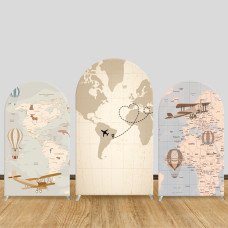 JY10  Vintage World Map Arch Backdrop Cover Elastic Fabric Travel Adventure Themed Party Decoration for Wedding Graduation Baby Shower