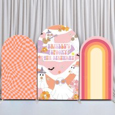 JY100 Retro Ghost Spooky Birthday Arch Backdrop Cover Elastic Fabric Groovy Halloween Kids Birthday Party Decoration