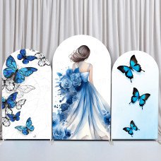 JY25  Blue Butterfly Bride Back View Arch Backdrop Cover Elastic Fabric Elegant Wedding Themed Party Decoration for Bridal Shower Anniversary