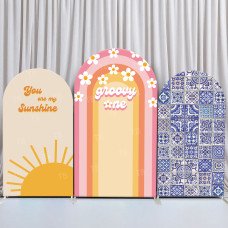 JY34   Retro Sunshine Daisy Arch Backdrop Cover Elastic Fabric Groovy Boho Baby Shower Decoration