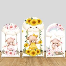JY40   Sunflower Teddy Bear Arch Backdrop Cover Elastic Fabric Cute Kids Birthday Baby Shower Decoration