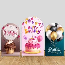 JY70   Pink Cupcake Happy Birthday Arch Backdrop Cover Elastic Fabric Balloon Themed Girls Birthday Party Decoration