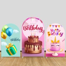JY70   Unicorn Cake Happy Birthday Arch Backdrop Cover Elastic Fabric Rainbow Themed Girls Birthday Party Decoration