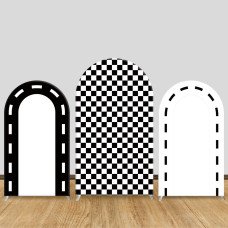 JY72  Black White Checkerboard Racing Arch Backdrop Cover Elastic Fabric Race Car Themed Kids Birthday Party Decoration