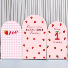 JY74  Strawberry Berry First 1st Birthday Arch Backdrop Cover Elastic Fabric Pink Gingham Kids Birthday Decoration