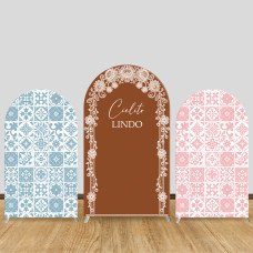 JY86 Blue Pink Talavera Tile Cielito Lindo Arch Backdrop Cover Elastic Fabric Mexican Themed Party Decoration