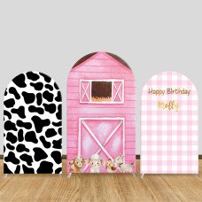 JY89 Pink Farm Animals Cow Print Arch Backdrop Cover Elastic Fabric Barnyard Kids Birthday Party Decoration