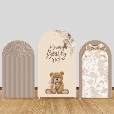 JY91 Teddy Bear We Can Bearly Wait Arch Backdrop Cover Elastic Fabric Neutral Boho Baby Shower Decoration