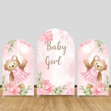 JY99 Pink Teddy Bear Baby Girl Arch Backdrop Cover Elastic Fabric Floral Girls Baby Shower Decoration