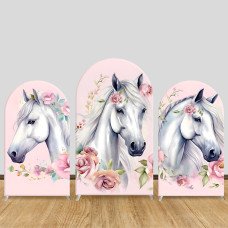 JY1005 Watercolor White Horse Floral Arch Backdrop Cover, Elastic Fabric Arch for Girls Birthday, Pastel Party Decoration