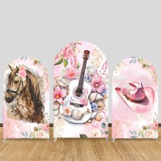 JY1006 Western Cowboy Guitar & Horse Floral Arch Backdrop Cover, Elastic Fabric Arch for Country Themed Party, Pink Cowgirl Decoration