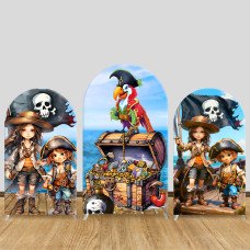 JY1007 Kids Pirate Treasure Hunt Arch Backdrop Cover, Elastic Fabric Arch for Pirate Themed Birthday Party, Skull Flag Decoration
