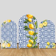 JY1009 Mediterranean Blue Tile & Lemon Arch Backdrop Cover, Elastic Fabric Arch for Summer Themed Party, Citrus Decoration