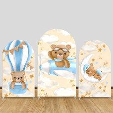 JY1012 Blue Teddy Bear Airplane & Hot Air Balloon Arch Backdrop Cover, Elastic Fabric Arch for Baby Shower, Boy Party Decoration