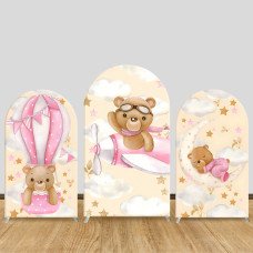 JY1012 Pink Teddy Bear Airplane & Hot Air Balloon Arch Backdrop Cover, Elastic Fabric Arch for Baby Shower, Girl Party Decoration