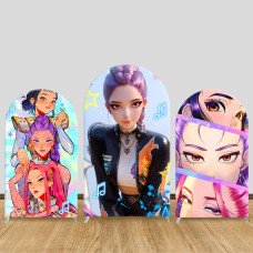 JY1018 Neon Music Anime Girls Arch Backdrop Cover, Elastic Fabric Arch for Teen Birthday, K-pop Themed Party Decoration