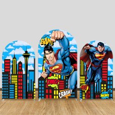 JY1021 Superman City Comic Arch Backdrop Cover, Elastic Fabric Background for Boys Birthday & Superhero Party