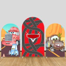 JY1025 Watercolor Cars Movie Characters Arch Backdrop Cover, Elastic Fabric Background for Kids Birthday & Racing Party