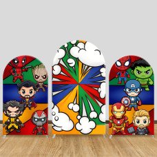 JY1026 Chibi Marvel Superheroes Arch Backdrop Cover, Elastic Fabric Background for Boys Birthday & Superhero Party
