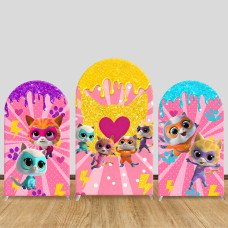 JY1028 Super Kitties Themed Arch Backdrop Cover, Elastic Fabric Background for Girls Birthday & Pink Themed Party