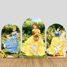JY1043  Disney Princesses in the Garden Arch Backdrop Cover, Elastic Fabric Background for Girls Birthday & Princess Party