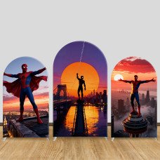 JY1064  City Sunset Spider-Man Arch Backdrop Cover, Elastic Fabric Background for Boys Birthday Party
