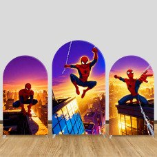 JY1068  Sunset City Spider-Man Arch Backdrop Cover, Elastic Fabric Background for Boys Superhero Party