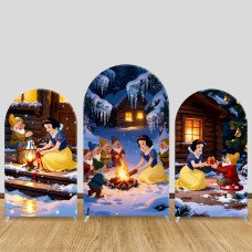 JY1084 Winter Campfire Snow White and the Seven Dwarfs Arch Backdrop Cover, Elastic Fabric Background for Kids Holiday Party