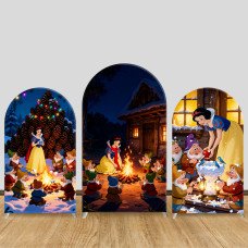 JY1084 Christmas Forest Snow White with Dwarfs Arch Backdrop Cover, Elastic Fabric Background for Festive Princess Party