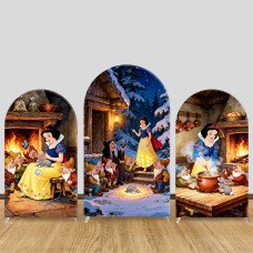 JY1086  Cozy Cabin Snow White with Dwarfs Arch Backdrop Cover, Elastic Fabric Background for Kids Themed Party