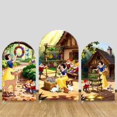 JY1088  Forest Cottage Snow White with Animals Arch Backdrop Cover, Elastic Fabric Background for Kids Whimsical Party