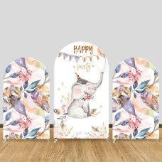 JY103   Watercolor Elephant Happy Birthday Arch Backdrop Cover Elastic Fabric Boho Kids Birthday Baby Shower Decoration