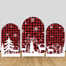 JY109  Red Black Plaid Christmas Reindeer Arch Backdrop Cover Elastic Fabric Rustic Holiday Party Decoration