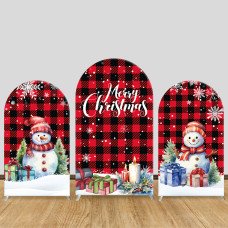 JY110  Red Plaid Snowman Merry Christmas Arch Backdrop Cover Elastic Fabric Winter Holiday Party Decoration