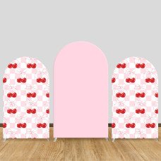JY115  Pink Gingham Cherry Bow Arch Backdrop Cover Elastic Fabric Sweet Girls Birthday Baby Shower Decoration