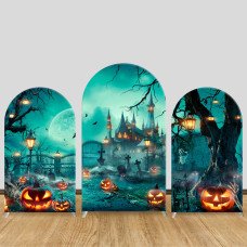 JY136 Halloween Haunted Castle Pumpkin Arch Backdrop Cover Elastic Fabric Spooky Holiday Party Decoration