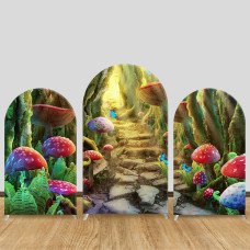 JY150  Enchanted Mushroom Forest Arch Backdrop Cover Elastic Fabric Fairy Tale Themed Party Decoration