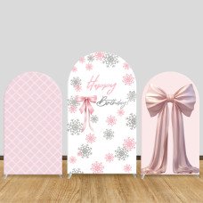JY169  Pink Snowflake Bow Happy Birthday Arch Backdrop Cover Elastic Fabric Winter Girls Birthday Party Decoration