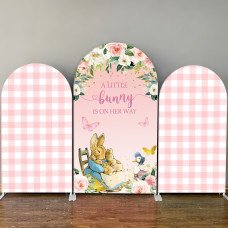 JY176  Pink Peter Rabbit A Little Bunny Is On Her Way Arch Backdrop Cover Elastic Fabric Baby Shower Decoration