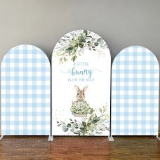 JY177  Blue Gingham Rabbit A Little Bunny Is On The Way Arch Backdrop Cover Elastic Fabric Baby Shower Decoration
