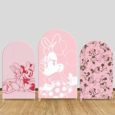 JY200-1 Pink Minnie Mouse Line Art All Over Print Arch Backdrop Cover Elastic Fabric Girls Birthday Party Decoration