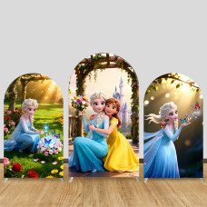 JY1102  Frozen Elsa & Anna Garden Castle Arch Backdrop Cover, Elastic Fabric Background for Girls Birthday & Sister Party