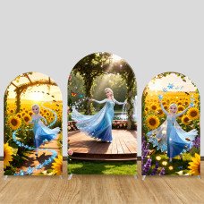 JY1107  Frozen Elsa Summer Sunflower Garden Arch Backdrop Cover, Elastic Fabric Background for Girls Birthday & Magical Party