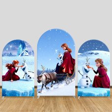 JY1110  Frozen Anna, Olaf & Sven Sleigh Ride Arch Backdrop Cover, Elastic Fabric Background for Kids Birthday & Adventure Party
