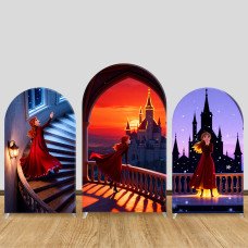 JY1111  Frozen Anna Castle Sunset Arch Backdrop Cover, Elastic Fabric Background for Girls Birthday & Princess Party