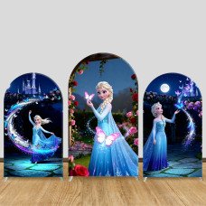 JY1113 Frozen Elsa Magical Garden with Butterflies Arch Backdrop Cover, Elastic Fabric Background for Girls Birthday & Fairy Tale Party