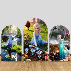 JY1115 Frozen Elsa Spring Garden with Flowers Arch Backdrop Cover, Elastic Fabric Background for Girls Birthday & Magical Party