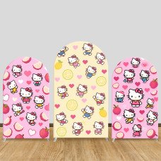 JY1116  Pixel Art Hello Kitty with Fruits Arch Backdrop Cover, Elastic Fabric Background for Girls Birthday & Cute Themed Party