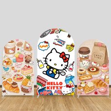 JY1118  Hello Kitty Sweet Treats & Snacks Arch Backdrop Cover, Elastic Fabric Background for Girls Birthday & Food Themed Party